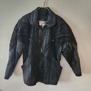 John Weitz Black Bomber Leather Jacket Lace-like Details Women's Medium